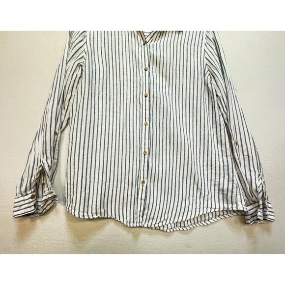 Tahari Womens Stripe Linen Button-Up Shirt Size M Blue White Casual Workwear - Picture 5 of 13